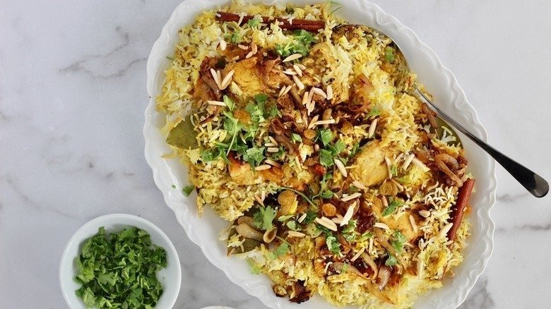 chicken biryani on white platter