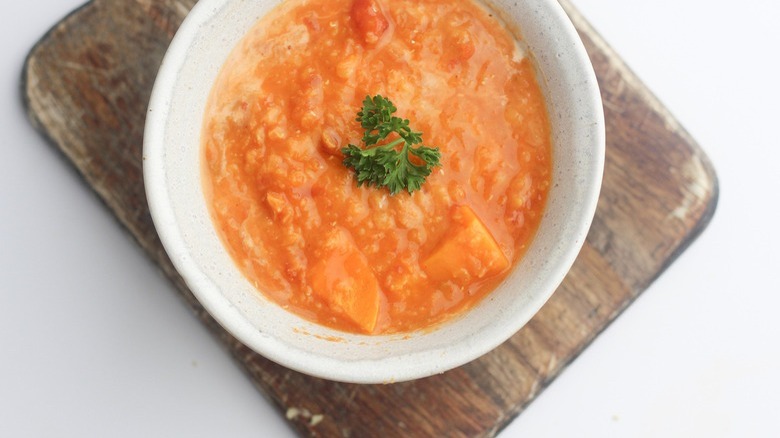 lentil soup in white bowl