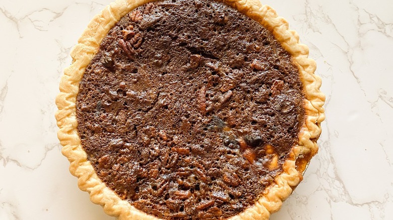 chocolate pecan pie on counter