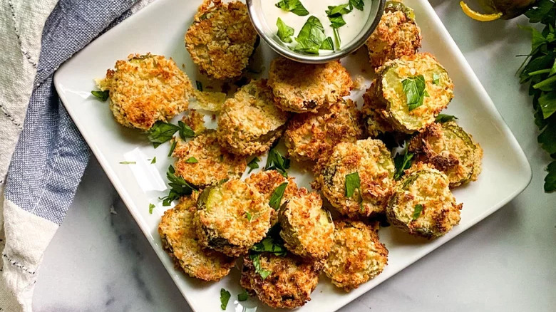 plate of air fryer fried pickles with dipping sauce