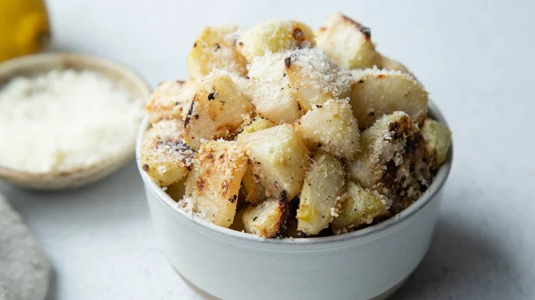 close up of bowl of roasted kohlrabi