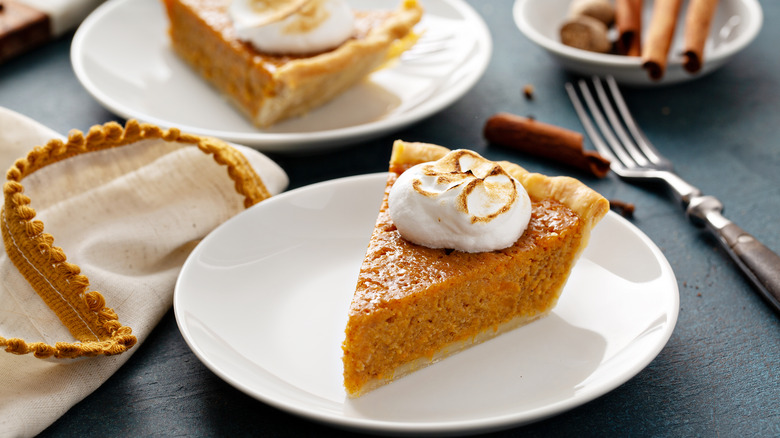 Slice of sweet potato pie on plate 