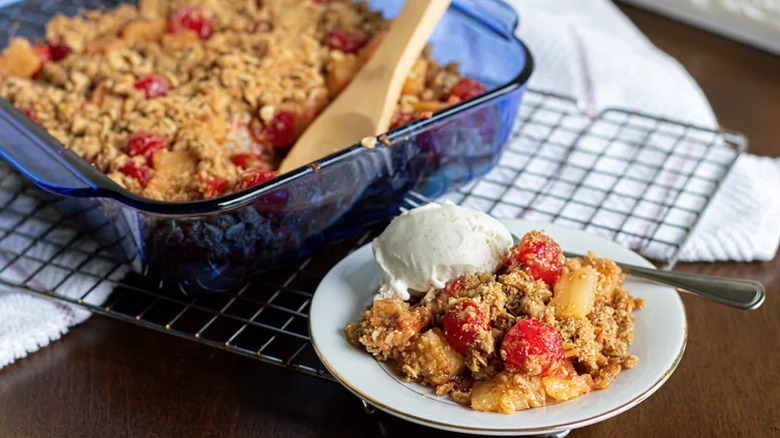 Baking dish with pineapple and cherry crisp bake.