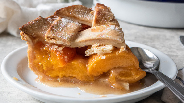 Pie slice with thick apricot filling and lattice crust top. 