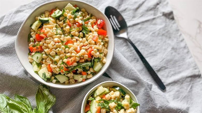 Corn salad in white bowl