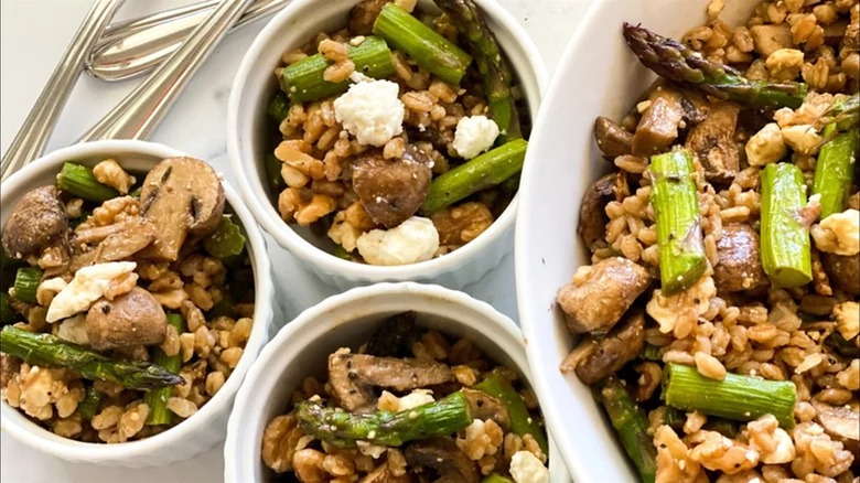 Roasted mushroom salad in white dishes