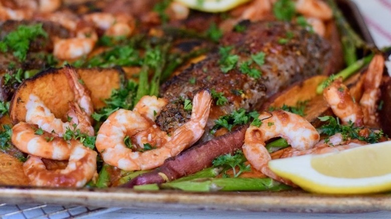 steak with shrimp and lemon