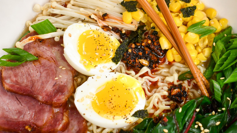 Close up of ramen toppings 