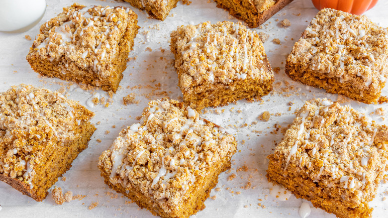 Pumpkin coffee cake on tablecloth