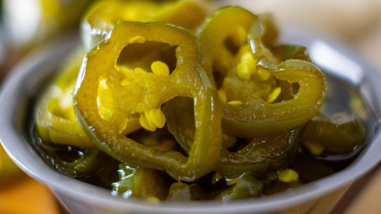 Bowl of candied jalapeños