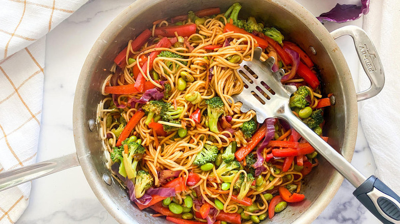vegetables and noodles in pot