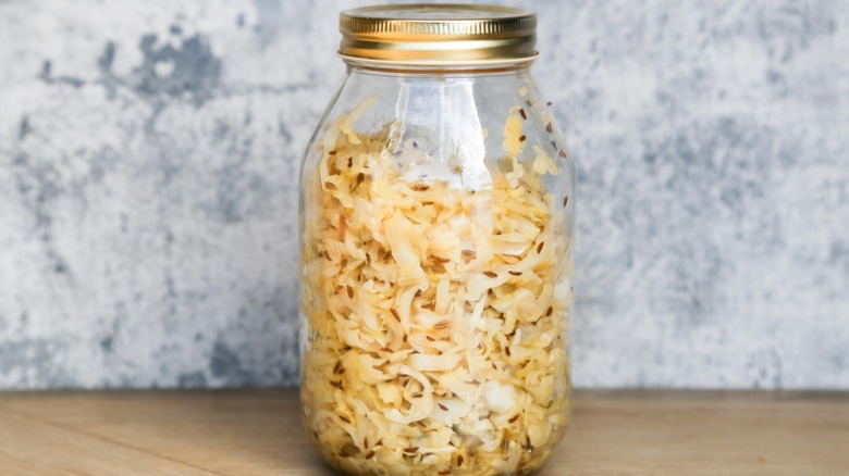 sauerkraut in jar on counter