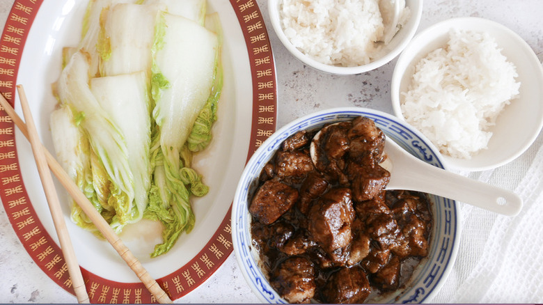 pork, cabbage, and rice