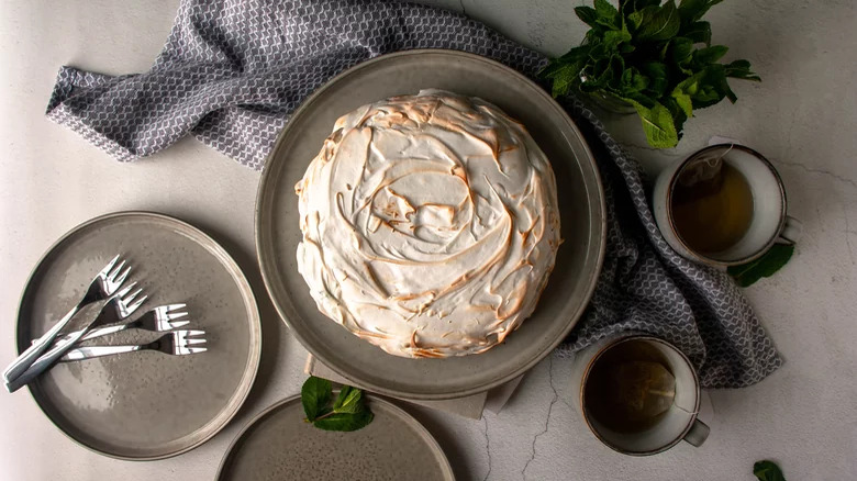 Mint Baked Alaska and forks and tea cups