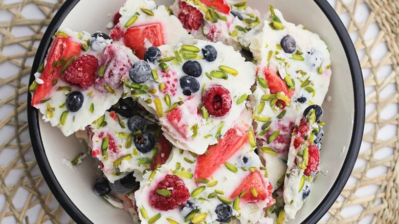 frozen yogurt bark in bowl