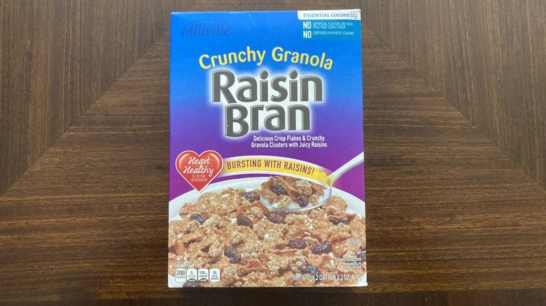 A box of Millville Crunchy Granola Raisin Bran is shown.