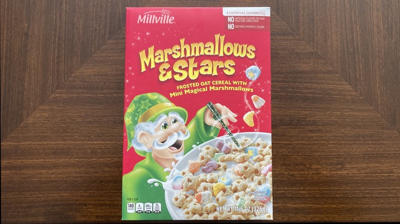 A box of Millville Marshmallows and Stars Cereal is shown.