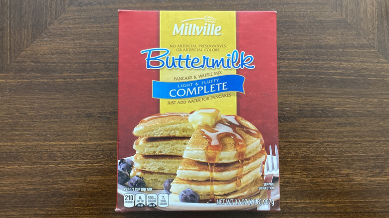 A box of MIllville Buttermilk Pancake and Waffle Mix is shown.