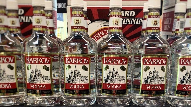 Shelf filled with Karkov vodka