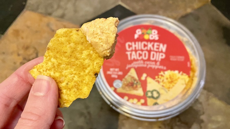 chicken taco dip on a chip