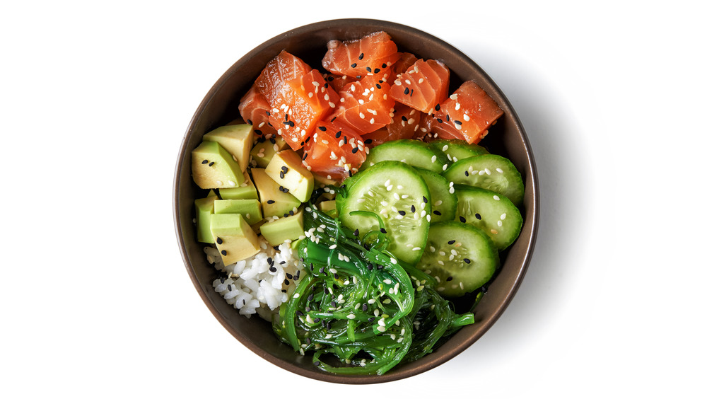 poke salad with salmon avocado rice seaweed