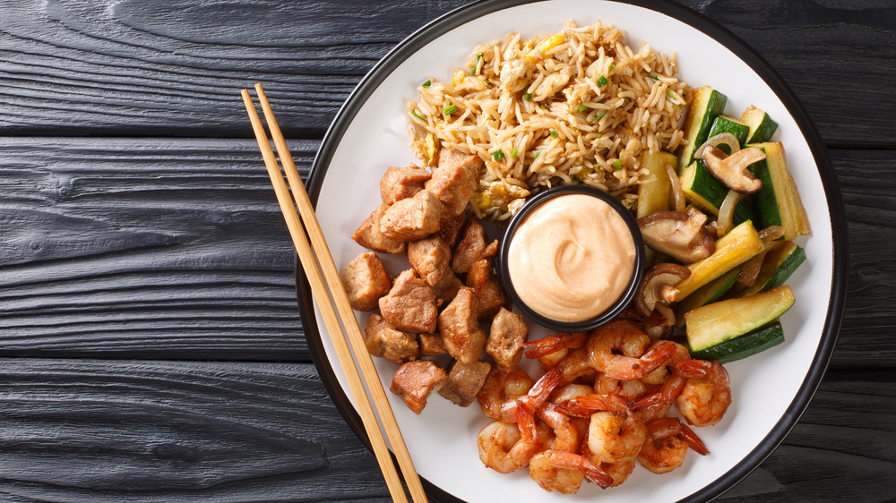 Yum yum sauce with rice zucchini chicken and shrimp