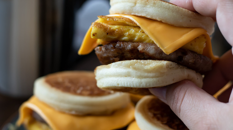 Egg, sausage, cheese pancake sandwich