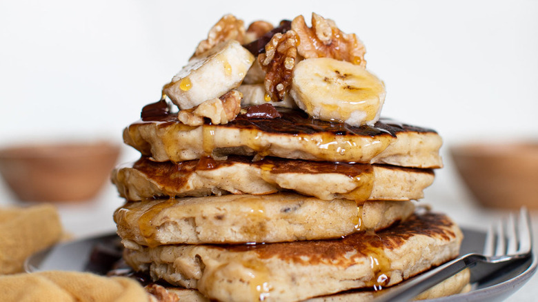 Stack of pancakes with bananas