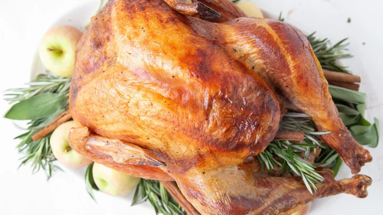 Golden-brown roasted turkey with fresh herbs and apples.