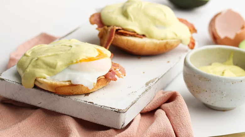 Eggs benedict with thick hollandaise sauce.