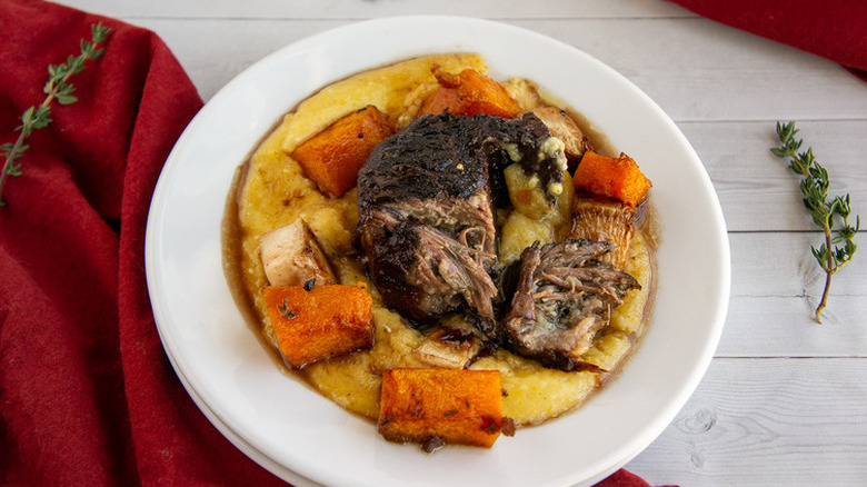 Braised shortribs with pureed and roasted vegetables.