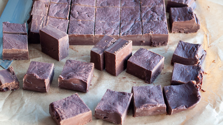 Cubes of chocolate fudge in a bowl