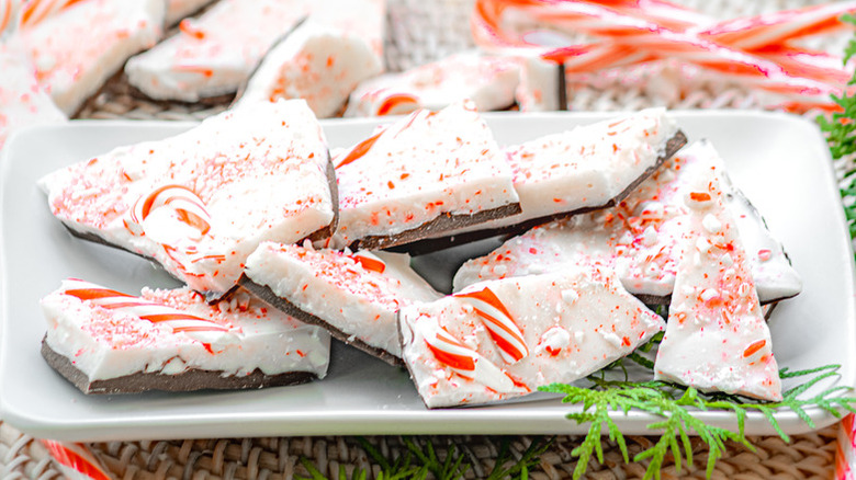 White and dark chocolate bark with candy canes