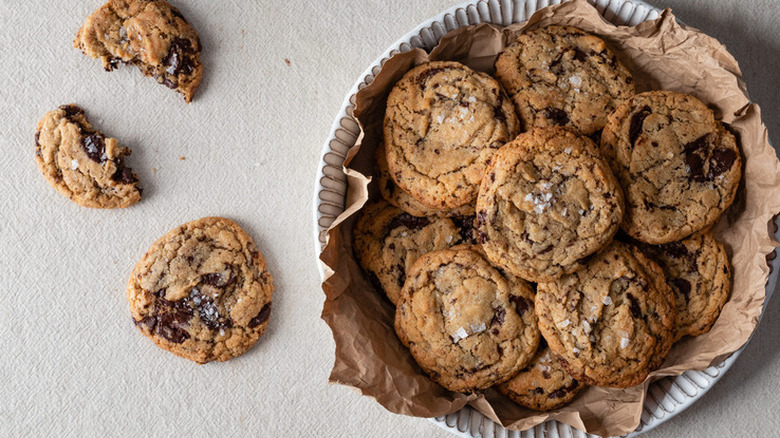 Platter of chocolate chip cookies with sea salt.