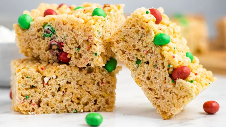 Marshmallow cereal bars with red and green M&Ms