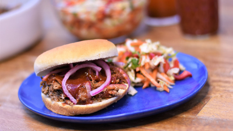 Pulled pork sandwich with onion and coleslaw