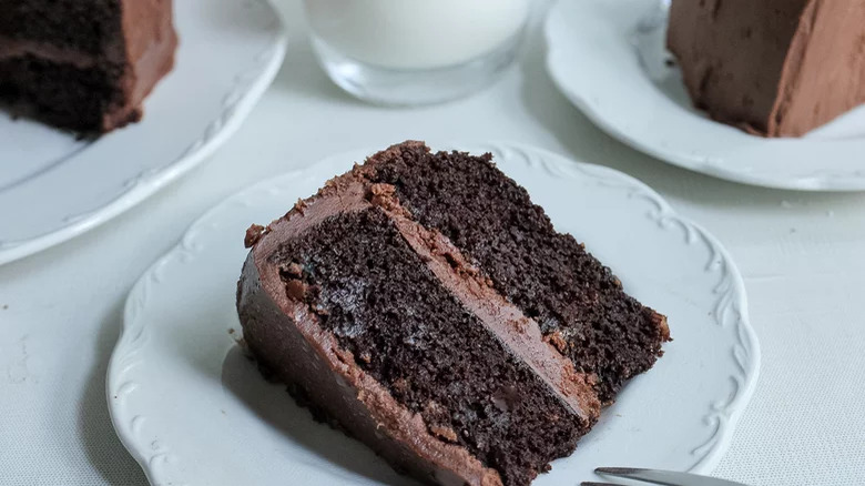 Slice of chocolate cake on plate