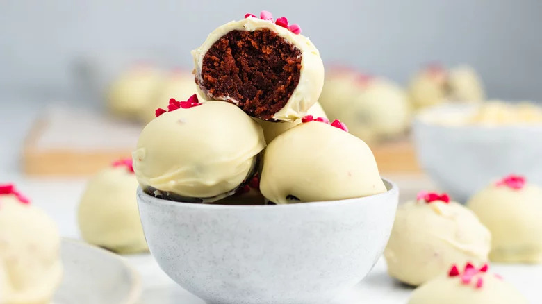 Bowl of red velvet truffles