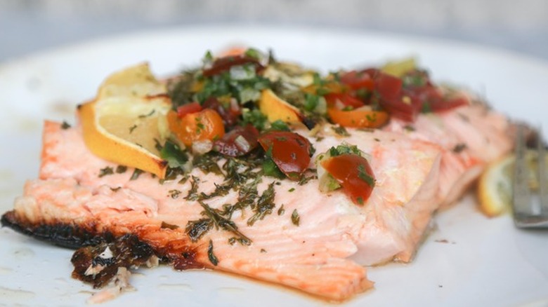 grilled salmon with herb topping