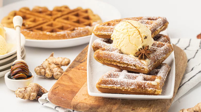 Waffles with ice cream, ginger, honey, and star anise