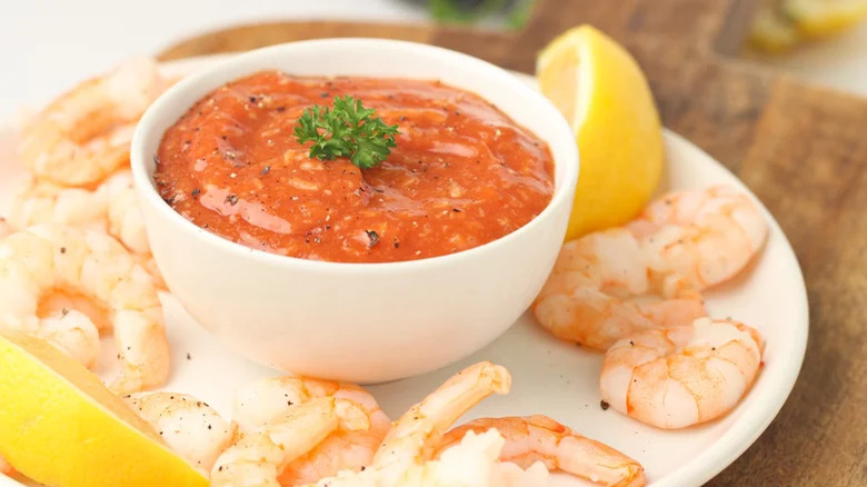 Cocktail sauce in a bowl with shrimp