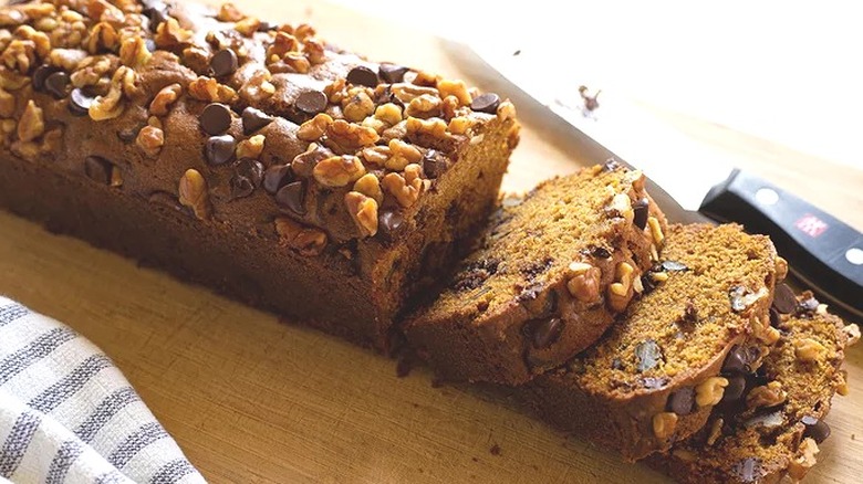 Sliced loaf of pumpkin bread with chocolate chips