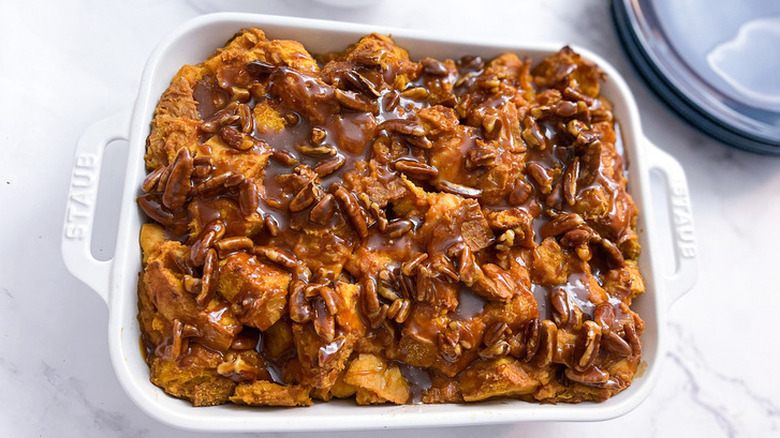 Pan of caramel covered chunky bread pudding