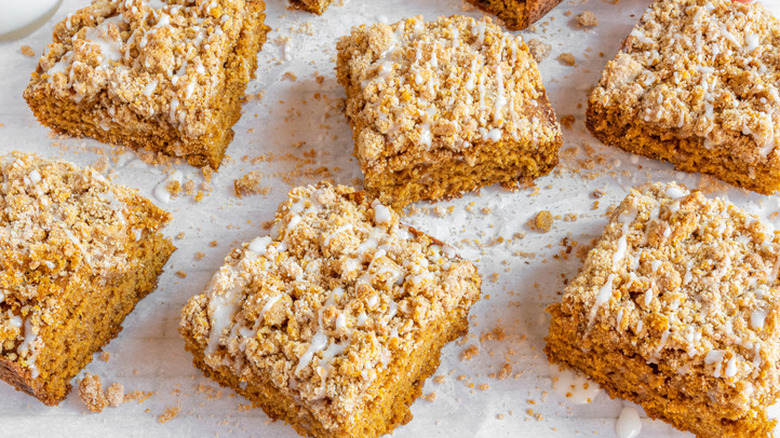 Squares of coffee cake with streusel and icing