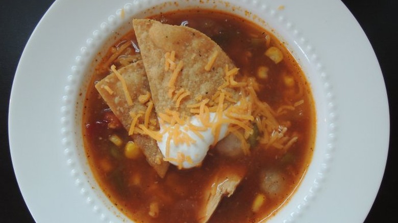 Soup with vegetables, chicken and tortilla chips