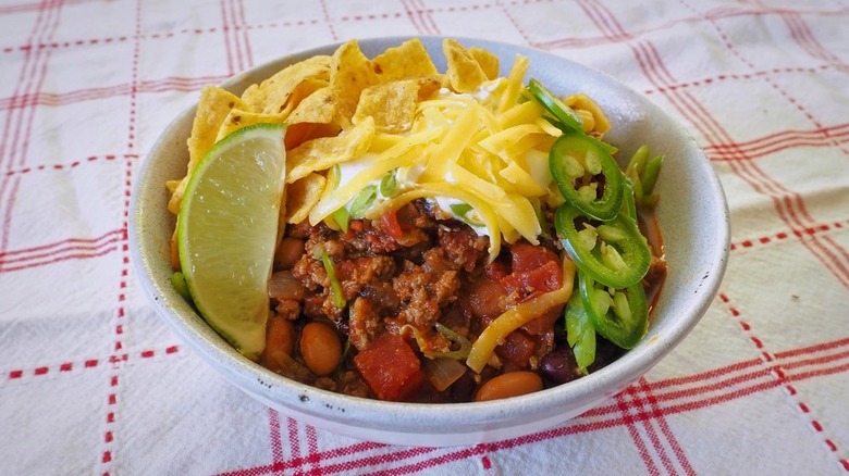 Bowl of chili with toppings