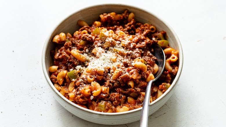 Bowl of goulash with spoon