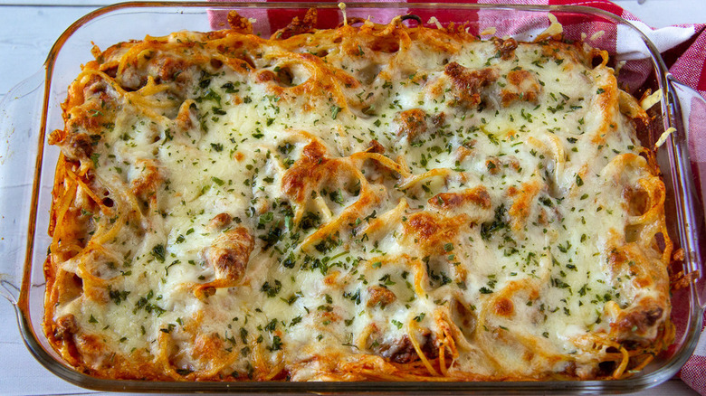 Pan of baked spaghetti