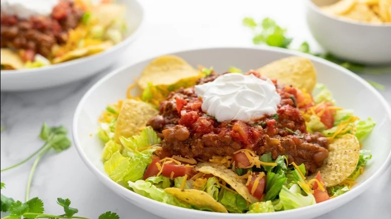 Taco salad on white plate