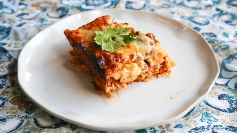 Lasagna on white plate